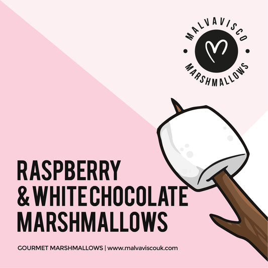 Raspberry and white chocolate gourmet marshmallow box label