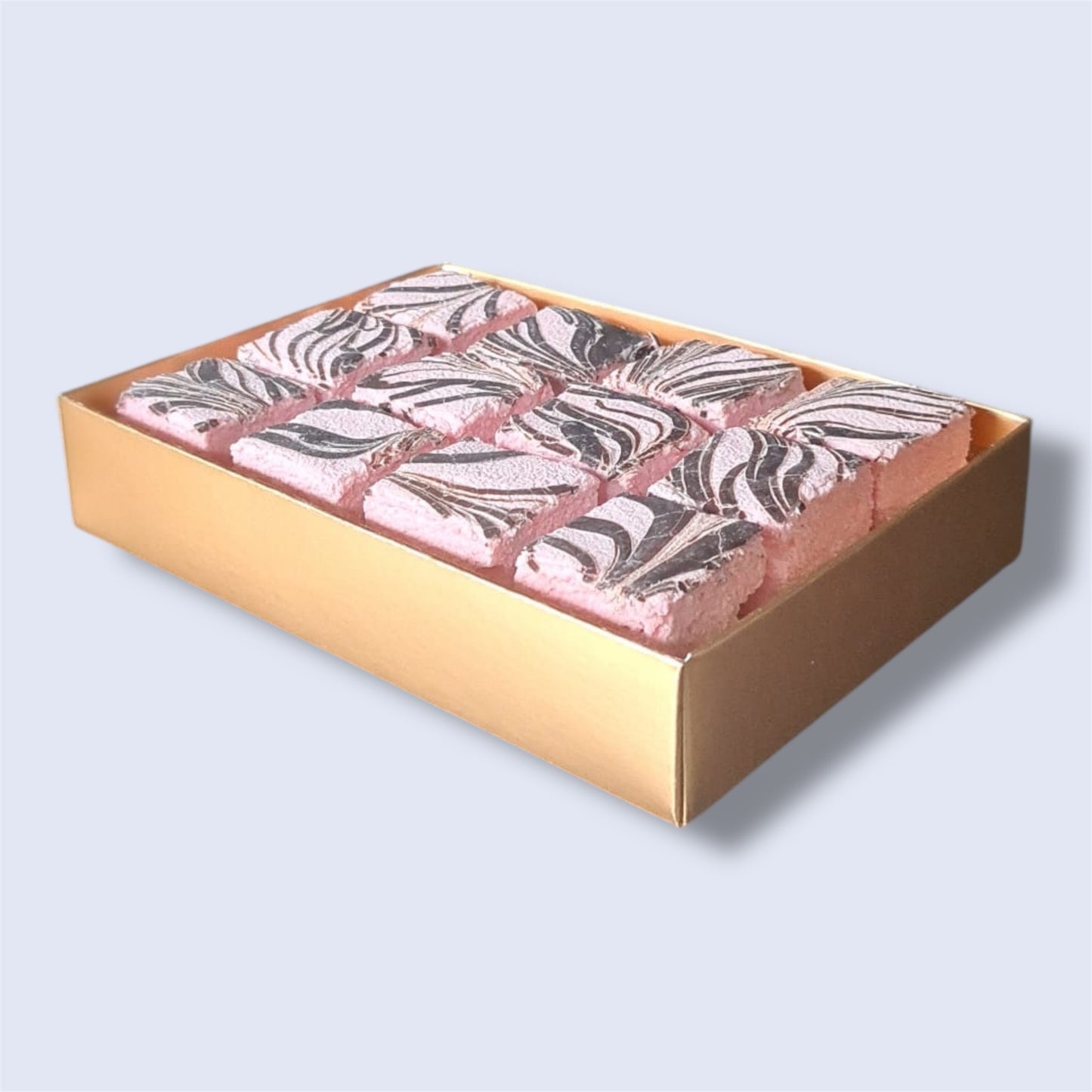 Gold gift box containing 12 Raspberry & Dark Chocolate gourmet marshmallows