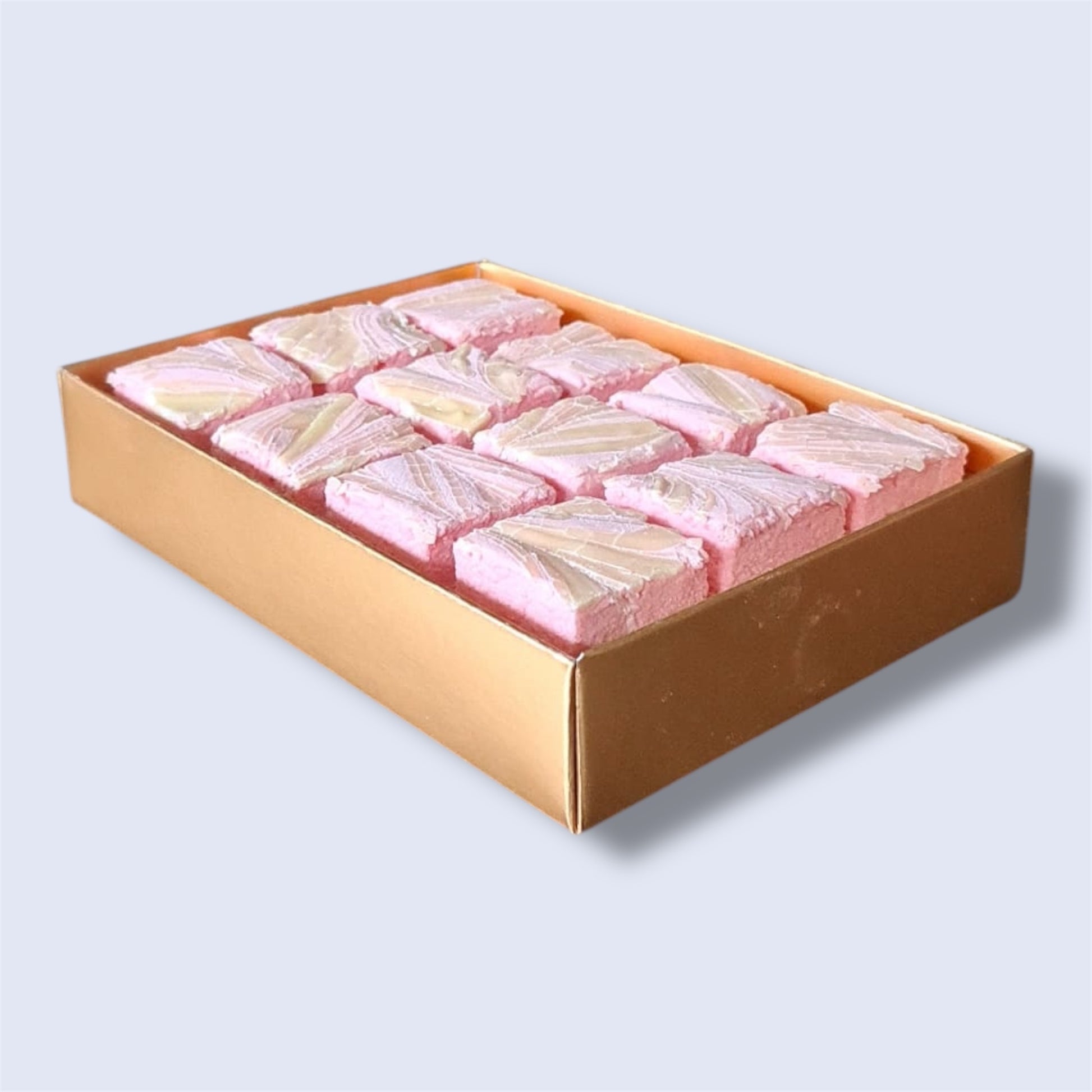 Gold gift box containing 12 Raspberry & White Chocolate gourmet marshmallows, side view