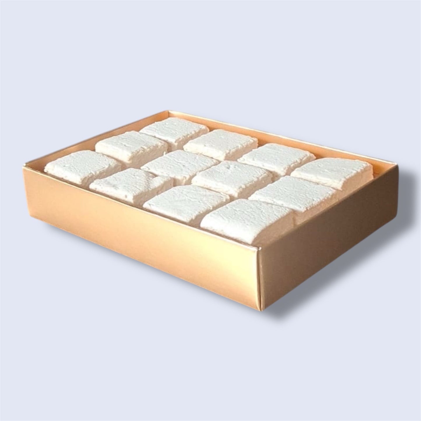 Gold gift box containing 12 Salted Caramel gourmet marshmallows, side view