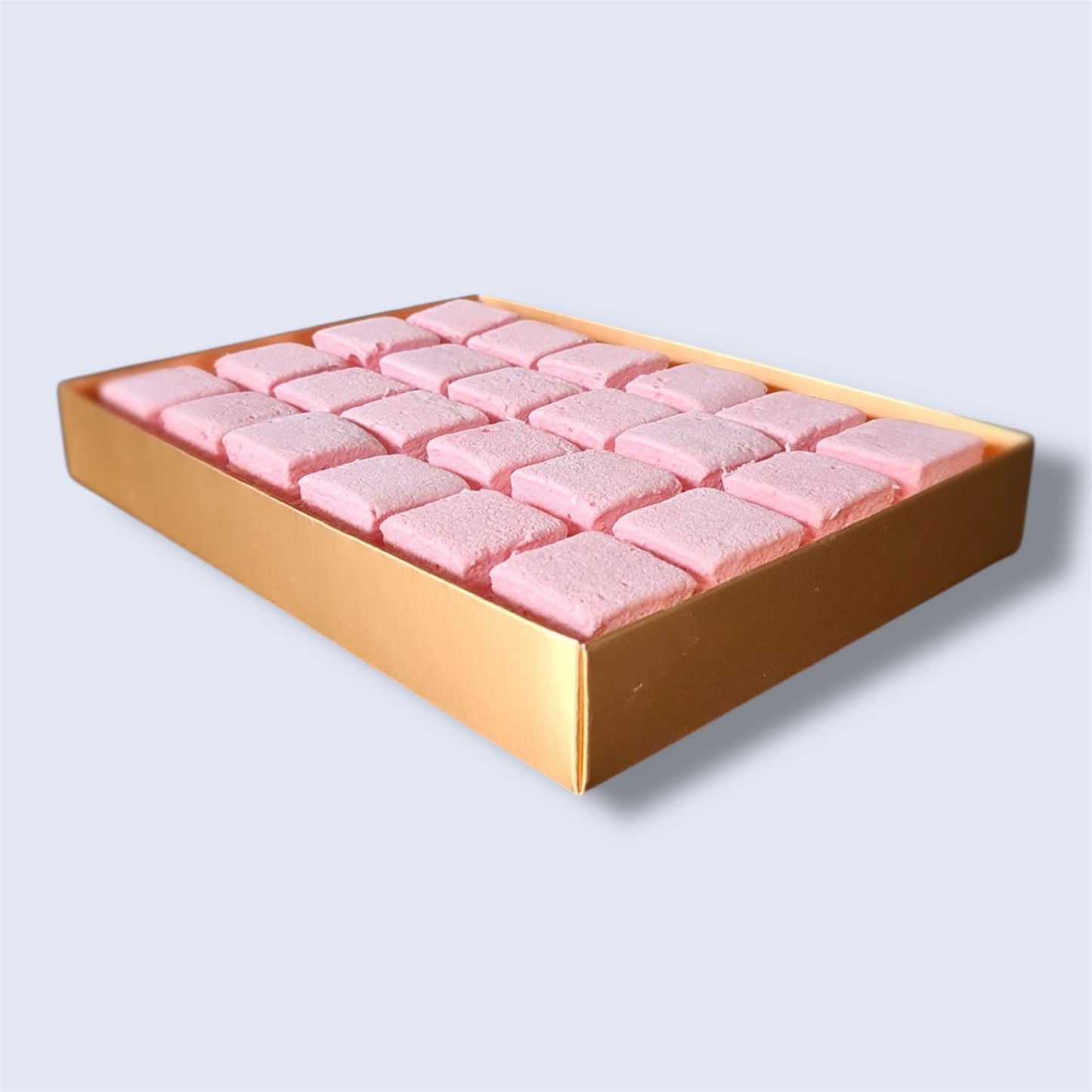 Gold gift box containing 24 Raspberry gourmet marshmallows, side view