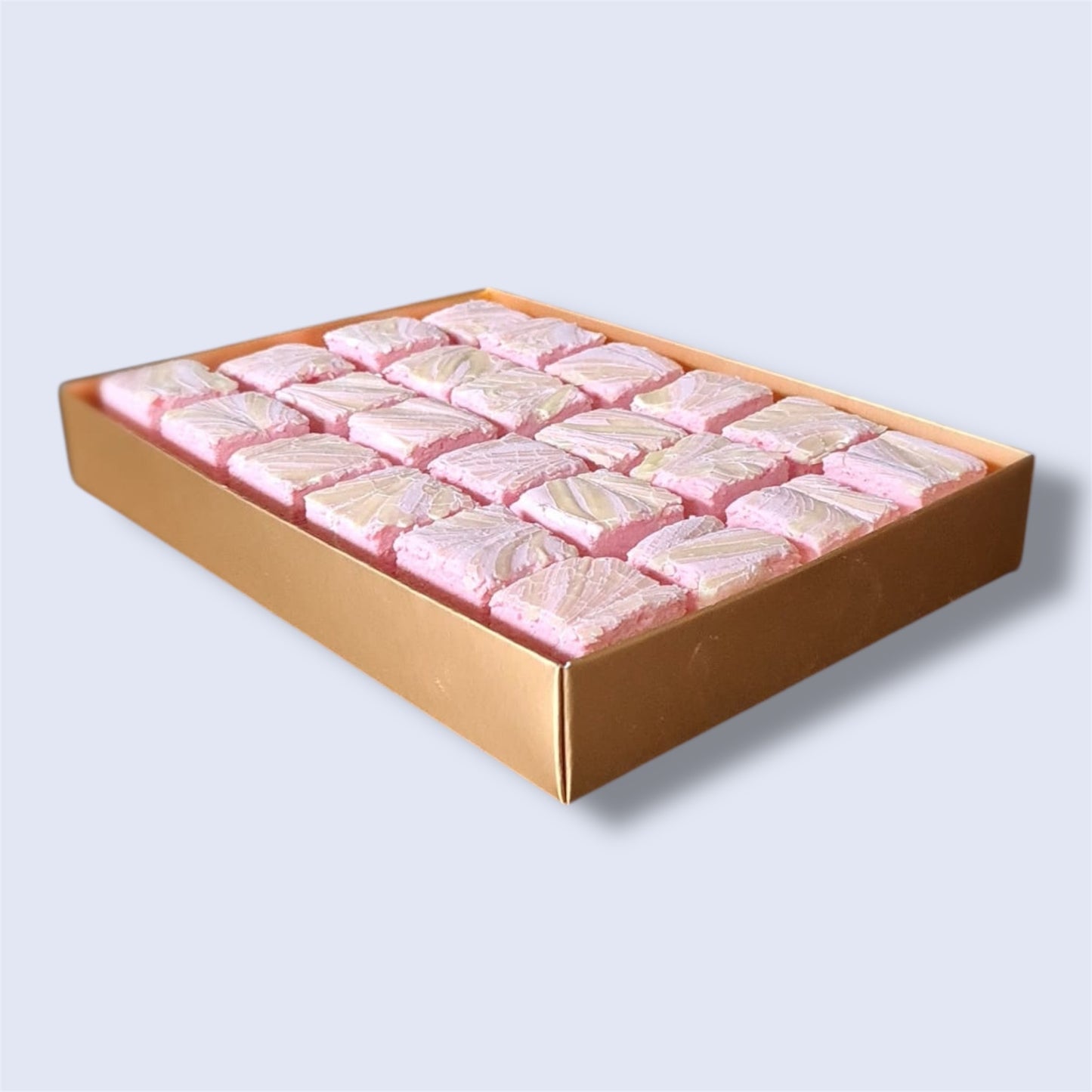 Gold gift box containing 24 Raspberry & White Chocolate gourmet marshmallows, side view