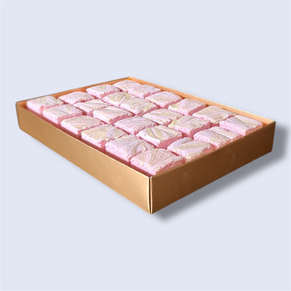 Gold gift box containing 24 Raspberry & White Chocolate gourmet marshmallows, side view