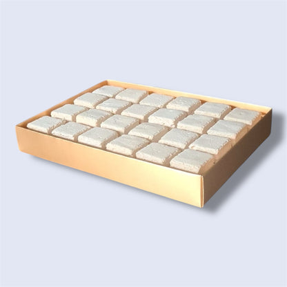 Gold gift box containing 24 Salted Caramel gourmet marshmallows, side view