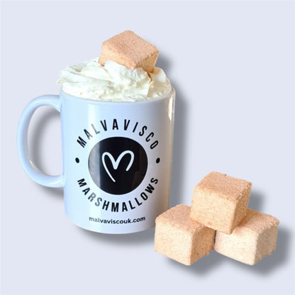 Mug of hot chocolate with gourmet marshmallows - white side
