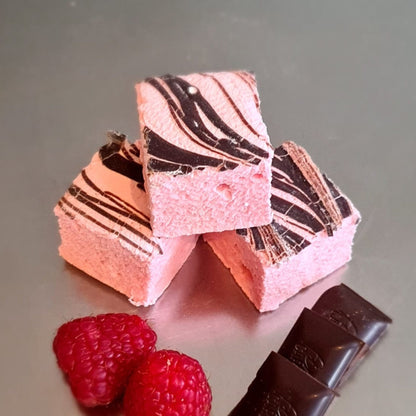3 Raspberry & Dark Chocolate gourmet marshmallows with 2 raspberries and dark chocolate