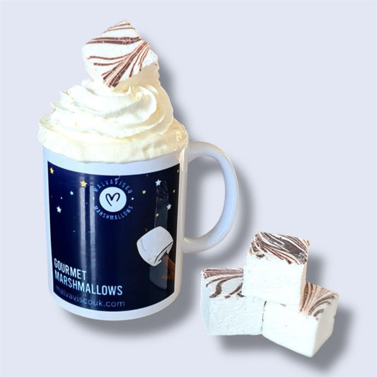 Mug of hot chocolate with vanilla and chocolate gourmet marshmallows