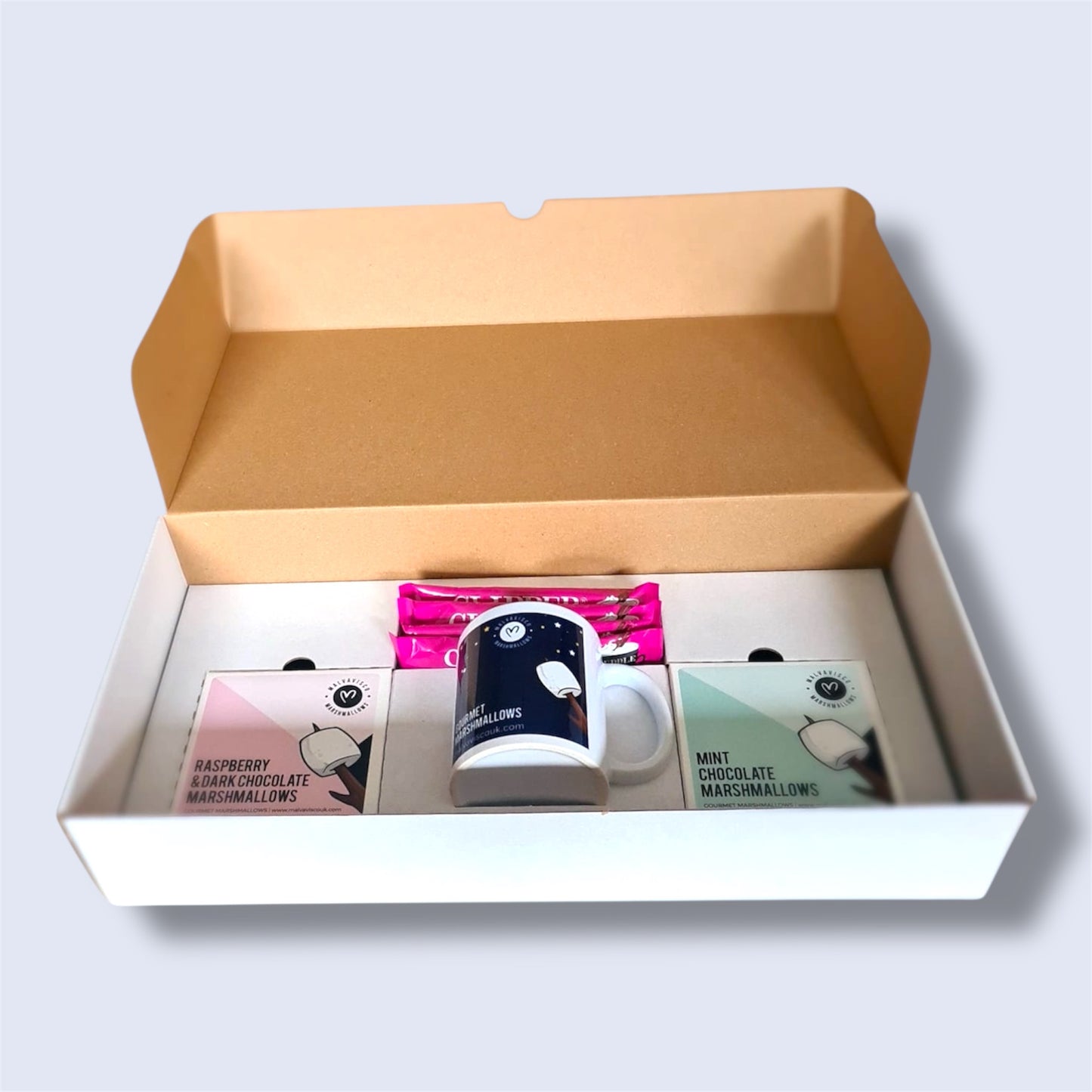 Cocoa Ritual gift box, containing 2 boxes of gourmet marshmallows, 1 mug and 4 hot chocolate sachets - front view