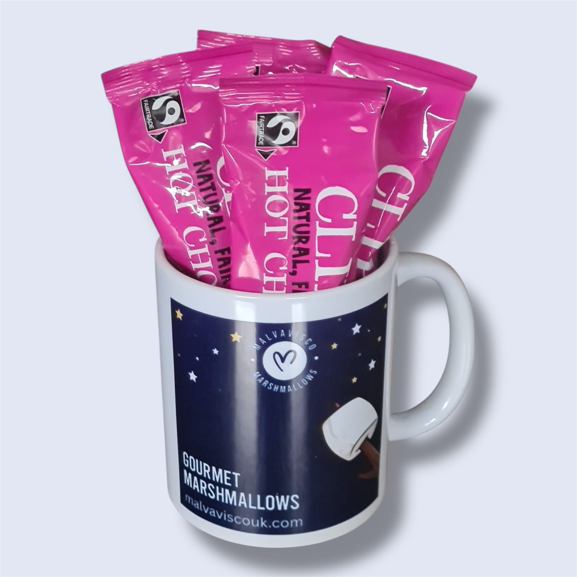 Mug with 4 hot chocolate sachets - blue side